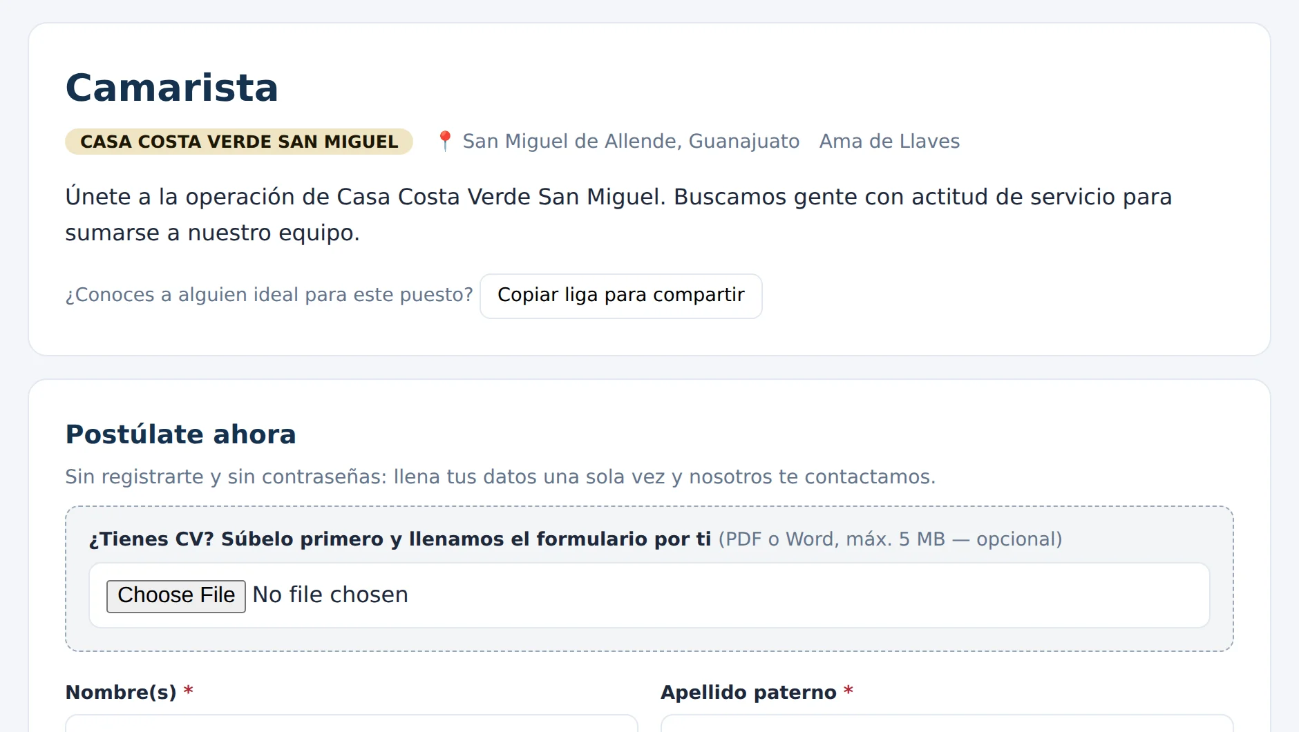 Vacante publicada en la bolsa de trabajo pública, con la marca de la empresa y el formulario de postulación.